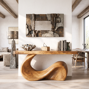 Console Table Solid Wood with Sculptural Wave Base for Entryway Decor