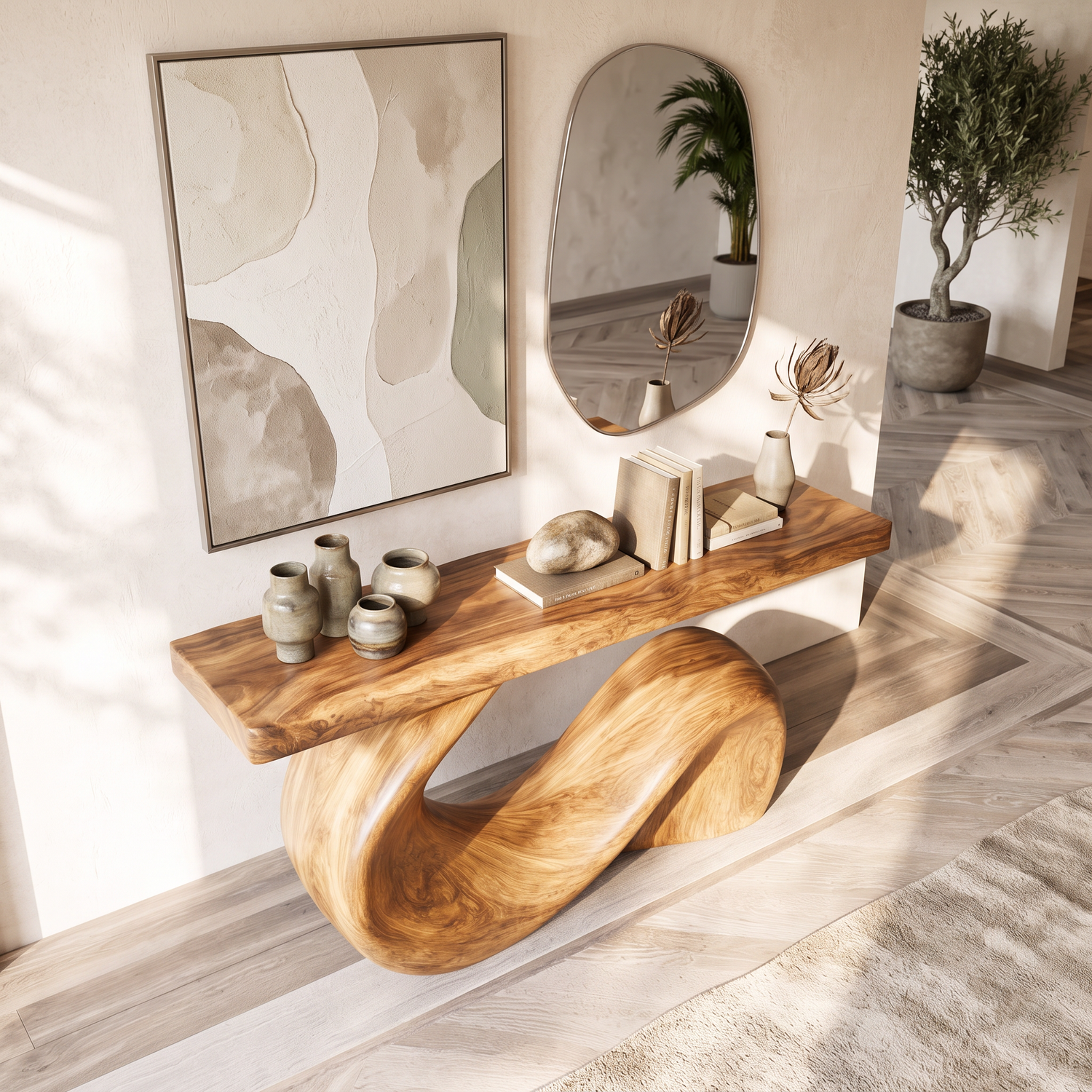 Console Table Solid Wood with Sculptural Wave Base for Entryway Decor