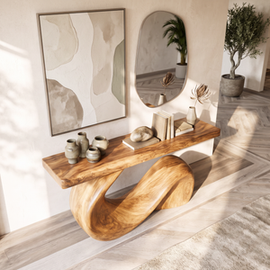Console Table Solid Wood with Sculptural Wave Base for Entryway Decor