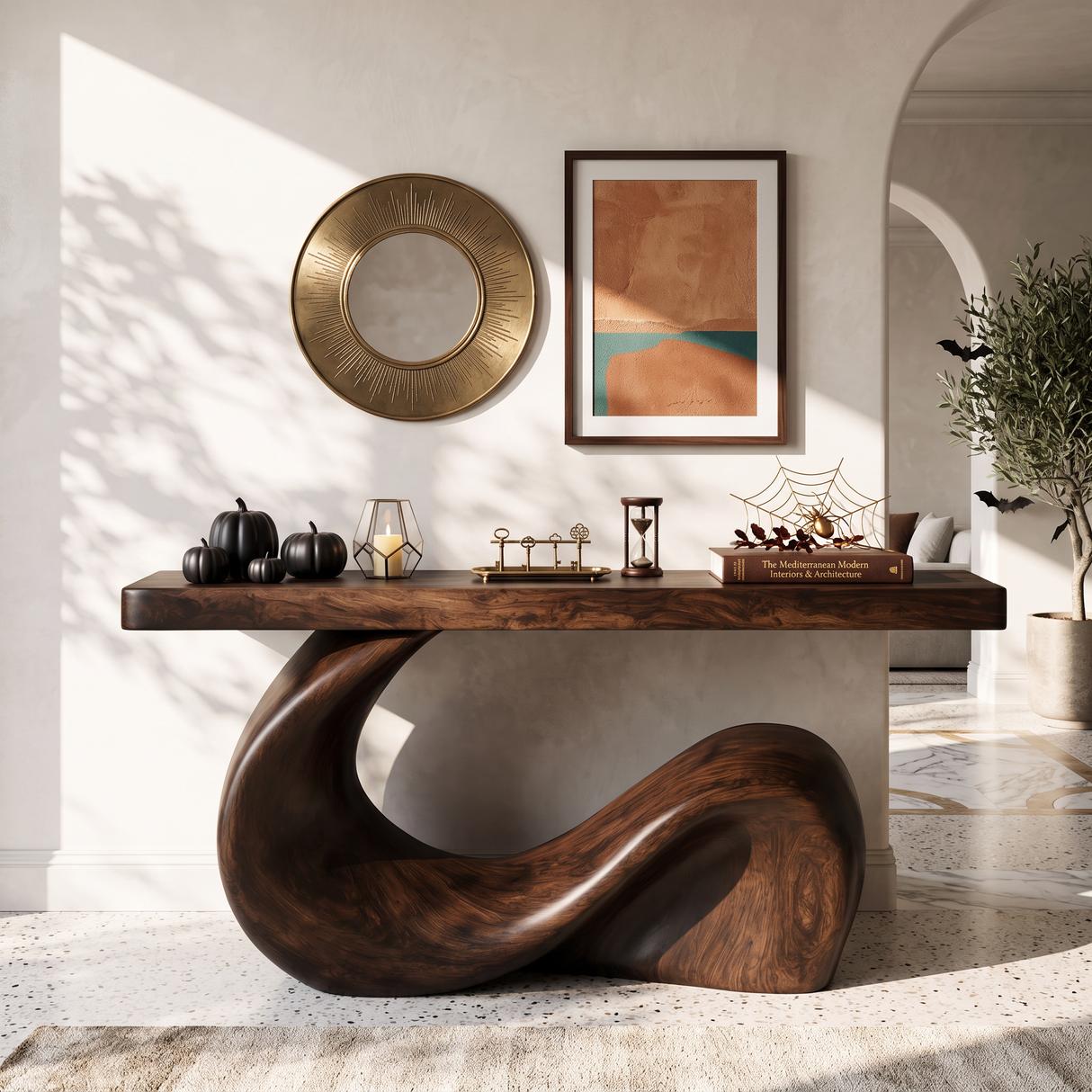 Console Table Solid Wood with Sculptural Wave Base for Entryway Decor