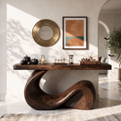Console Table Solid Wood with Sculptural Wave Base for Entryway Decor