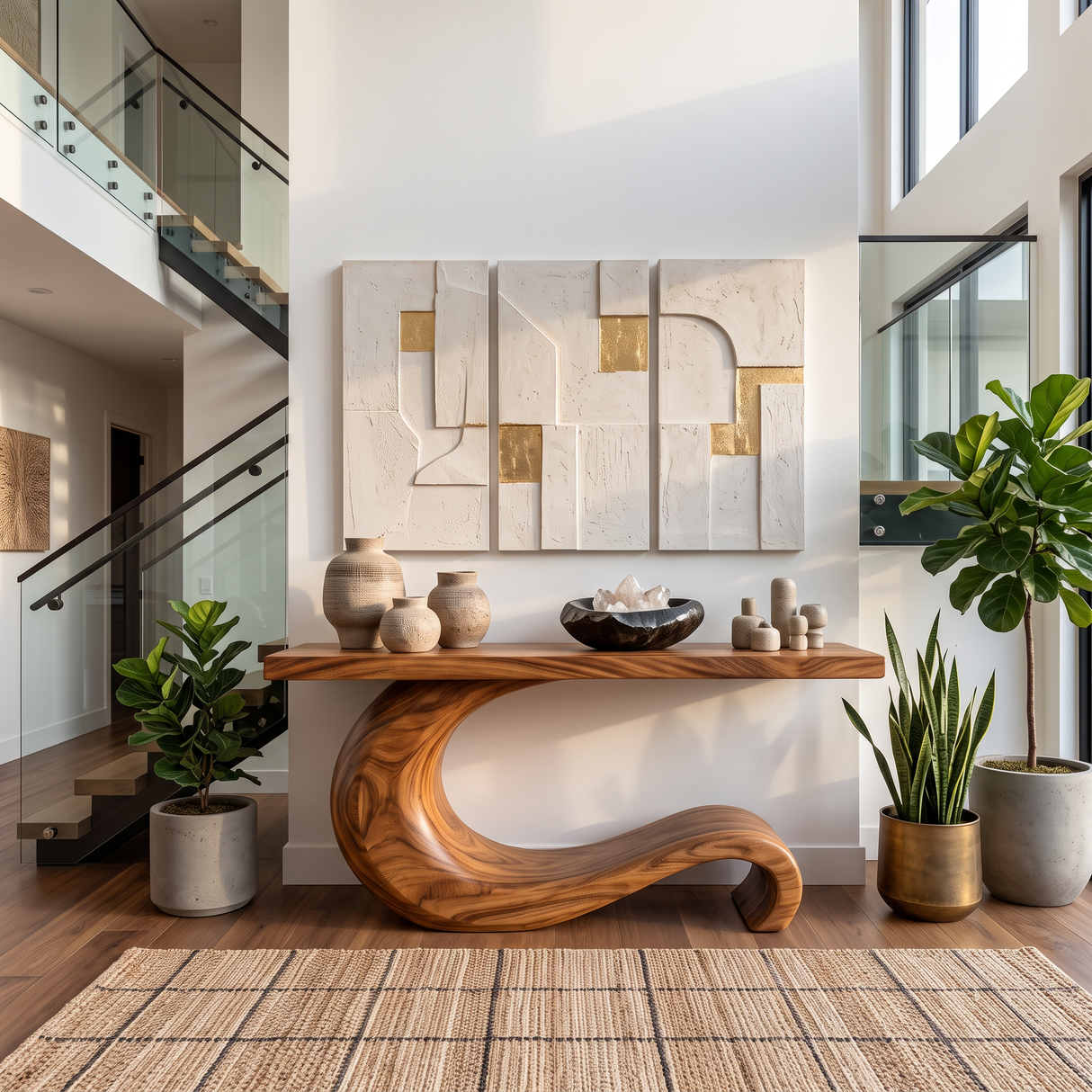 Console Table Solid Wood with Sculptural Curl Base for Entryway Decor