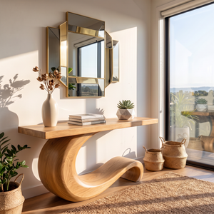 Console Table Solid Wood with Sculptural Curl Base for Entryway Decor