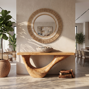 Console Table Solid Wood with Sweeping Open Crescent Base