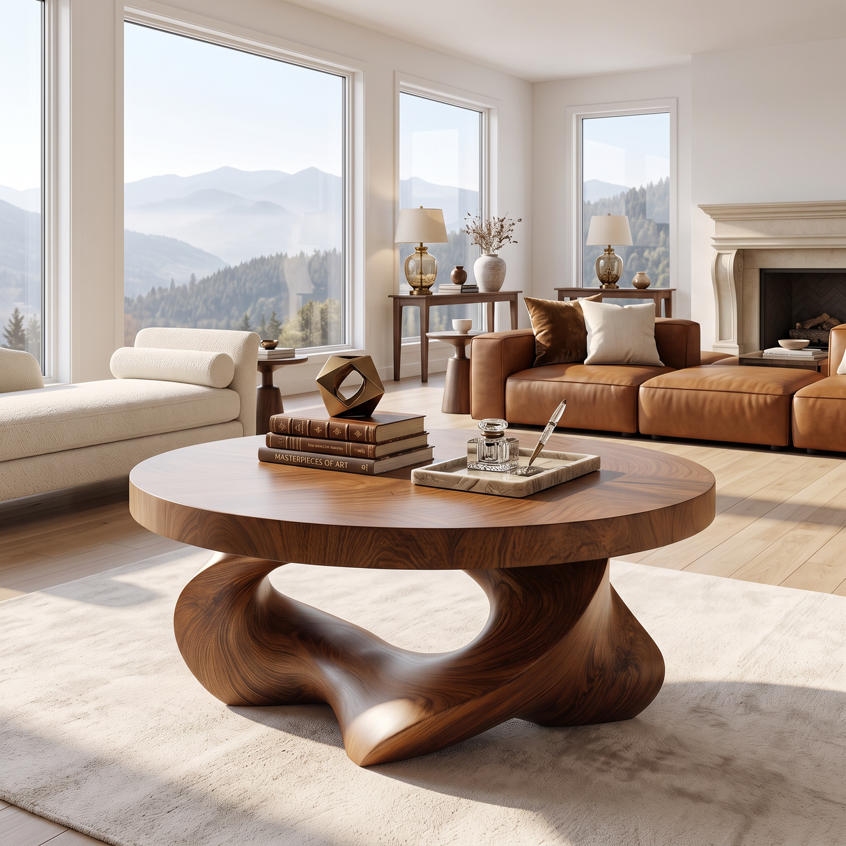 Coffee Table Solid Wood with Sculptural Open Triangular Base