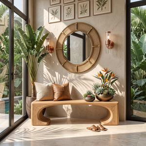 Organic Wood Bench with Sculptural Open Arch Base for Modern Interiors