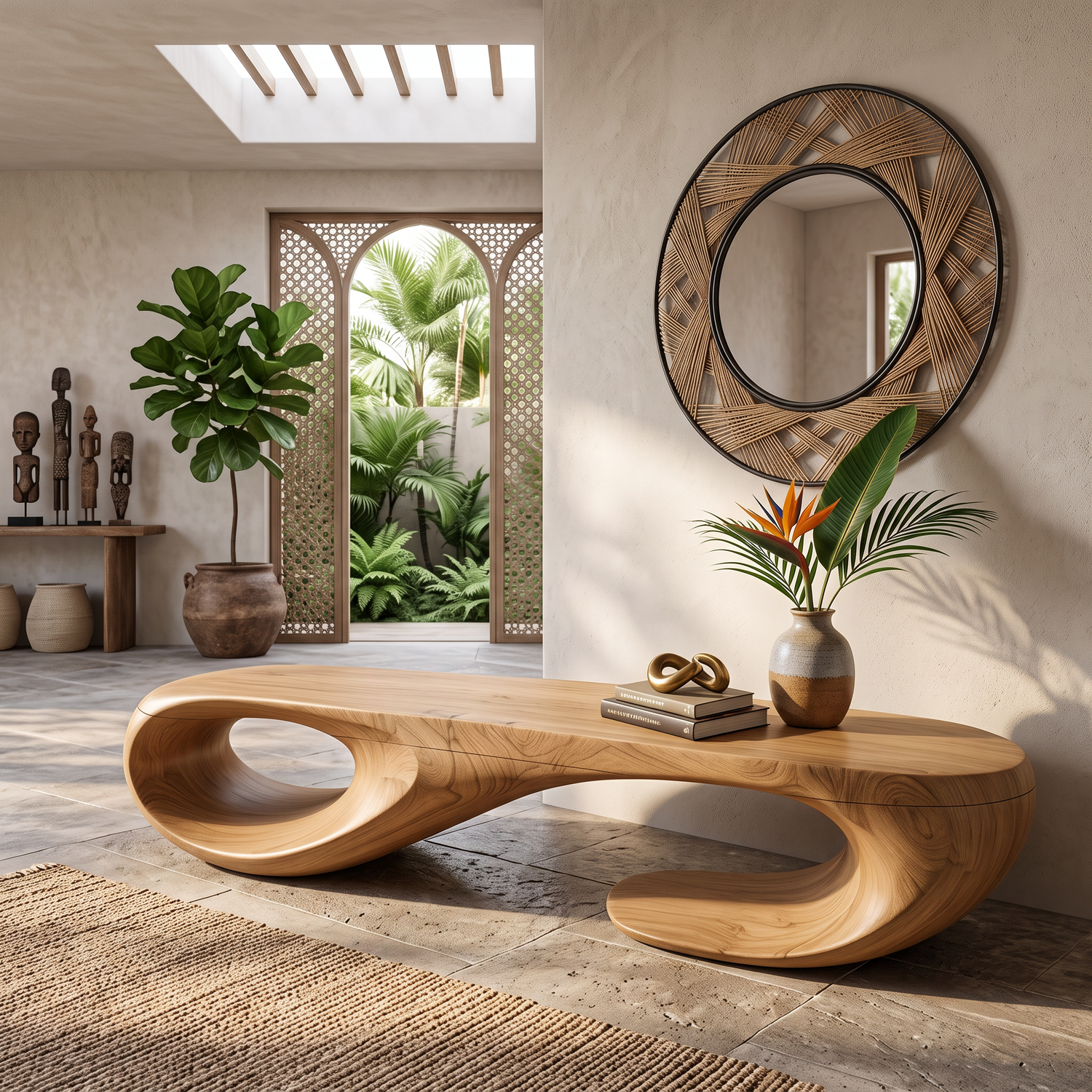 Organic Solid Wood Bench with Sculptural Double Loop Base for Modern Interiors