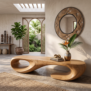Organic Solid Wood Bench with Sculptural Double Loop Base for Modern Interiors