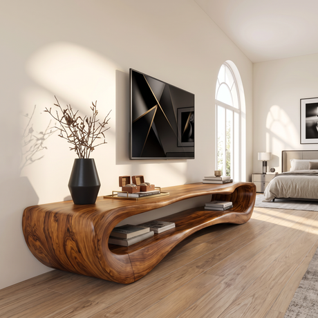 TV Stand Solid Wood with Curved Open Shelf for Living Room