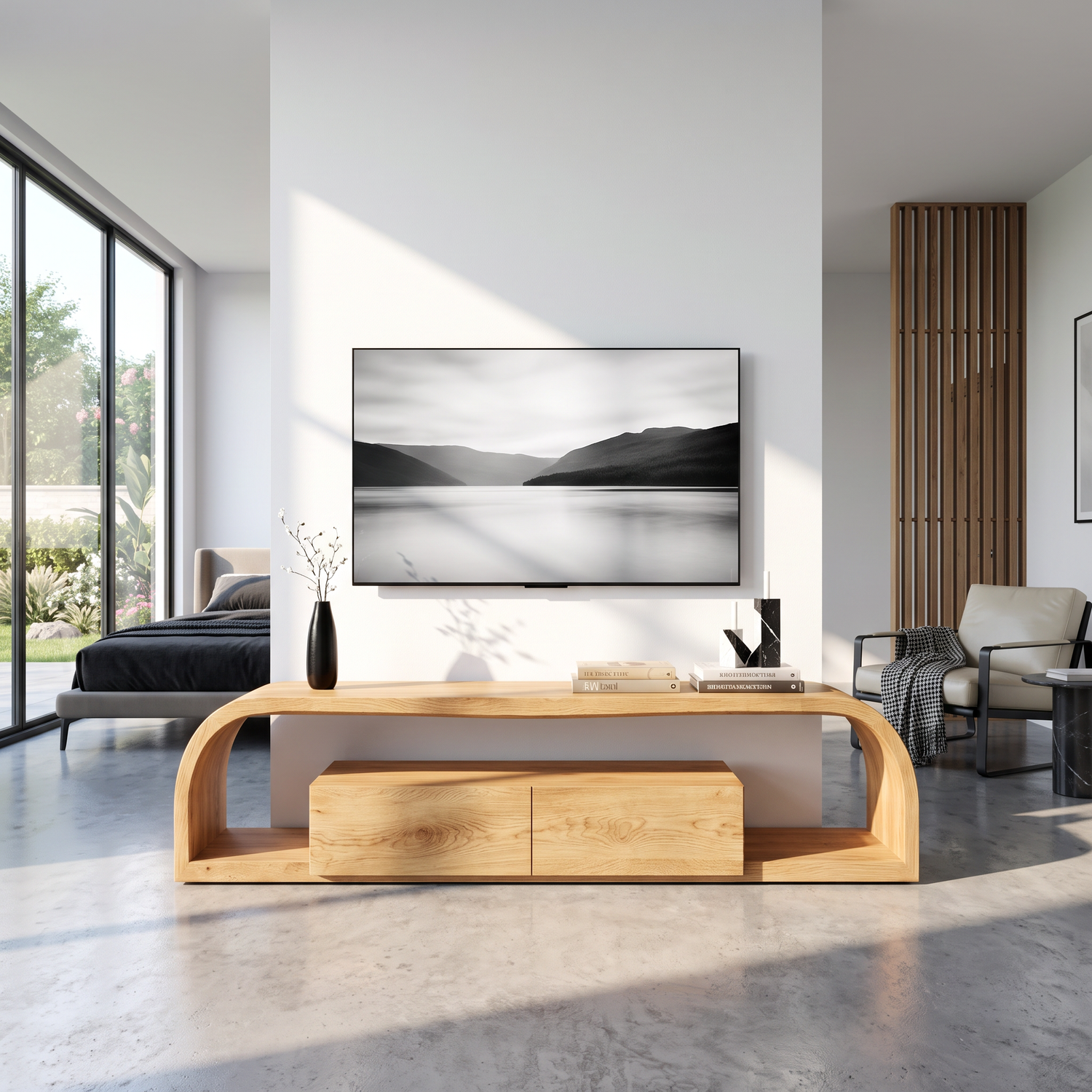 TV Console Solid Wood with Rounded Frame and Cabinet Storage for Living Room