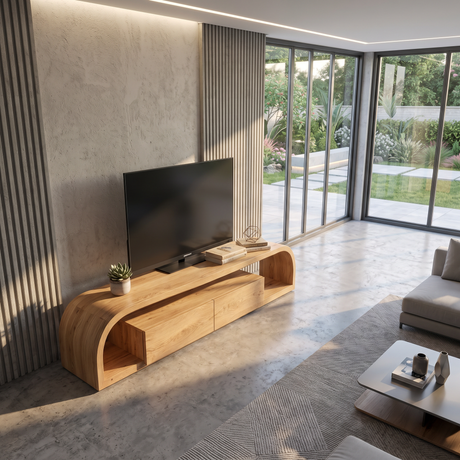 TV Console Solid Wood with Rounded Frame and Cabinet Storage for Living Room