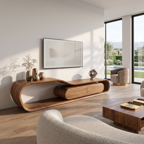 Flowing Organic Solid Wood TV Stand with Rounded Storage Drawers