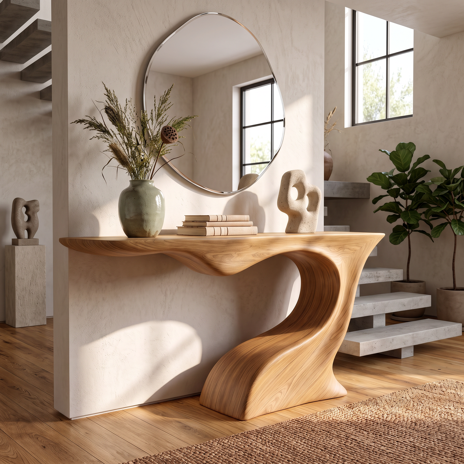 Console Table Solid Wood with Sculptural Arch Base