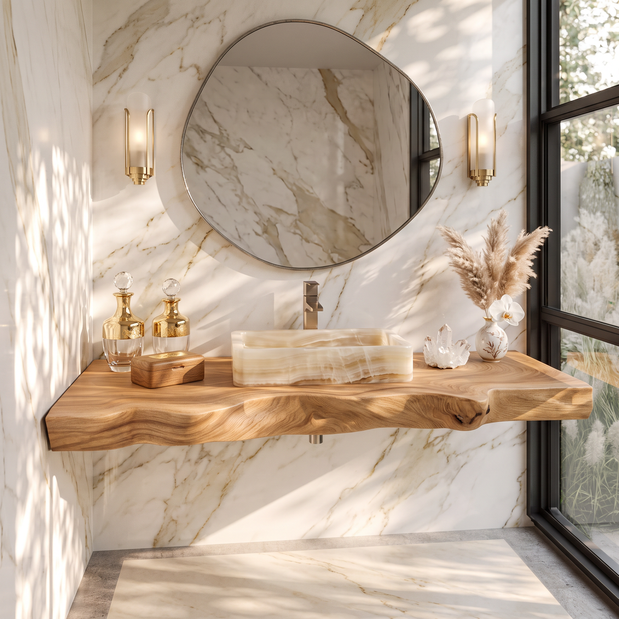 Solid Wood Floating Bathroom Vanity Shelf with Sculpted Live Edge for Modern Decor