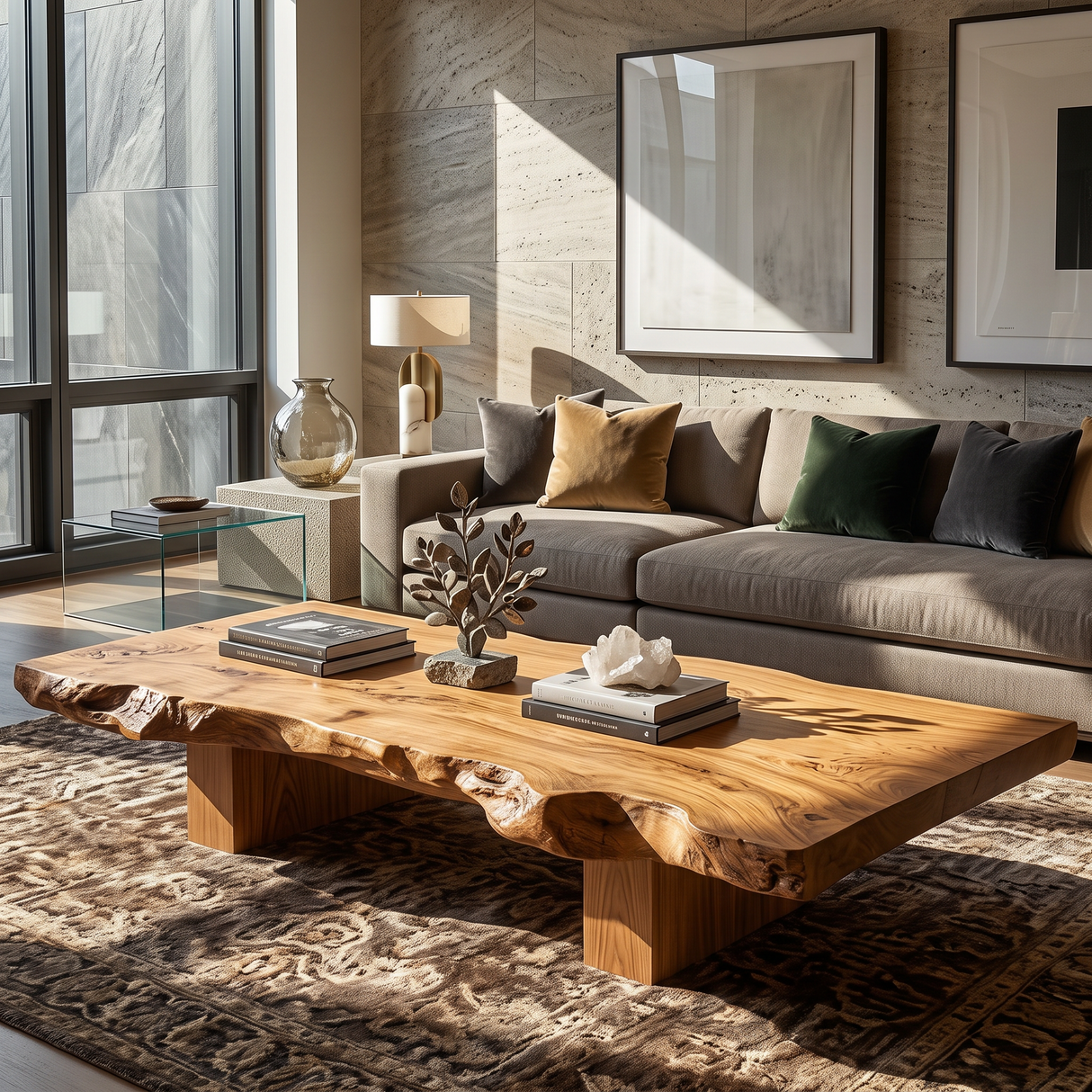 Coffee Table Solid Wood with Organic Live Edge and Block Base for Living Room
