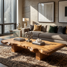 Coffee Table Solid Wood with Organic Live Edge and Block Base for Living Room