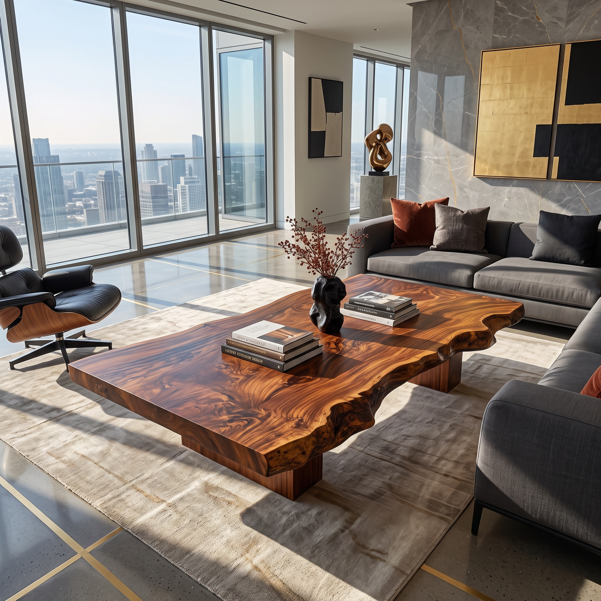Coffee Table Solid Wood with Organic Live Edge and Block Base for Living Room