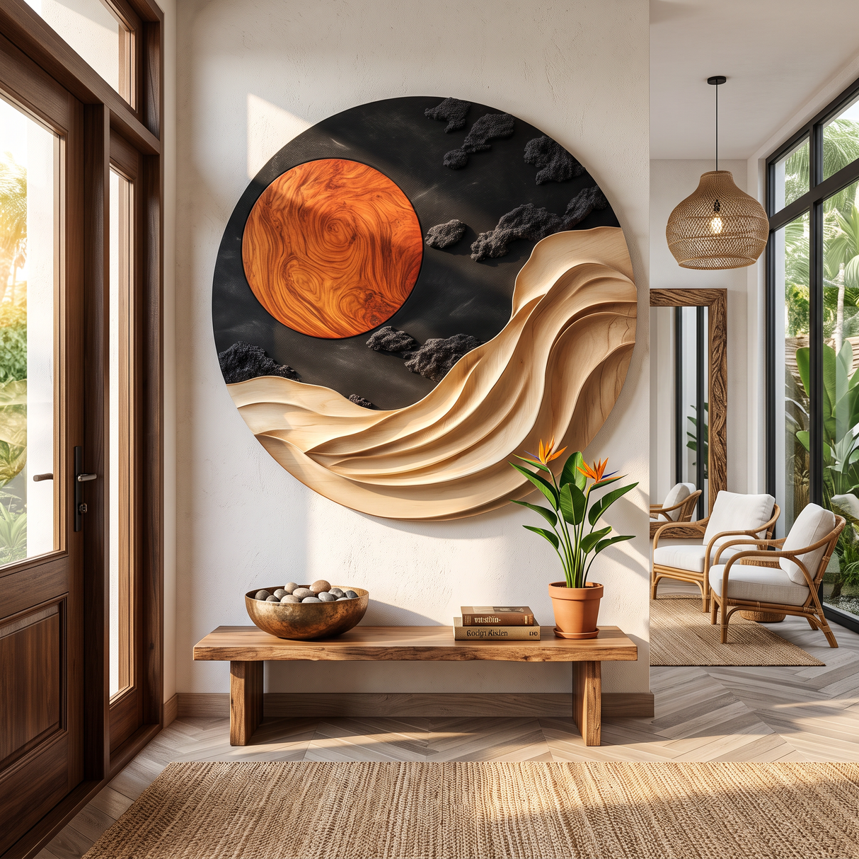 Wall Art Solid Wood with Sculptural Wave and Sun Design for Living Room Decor