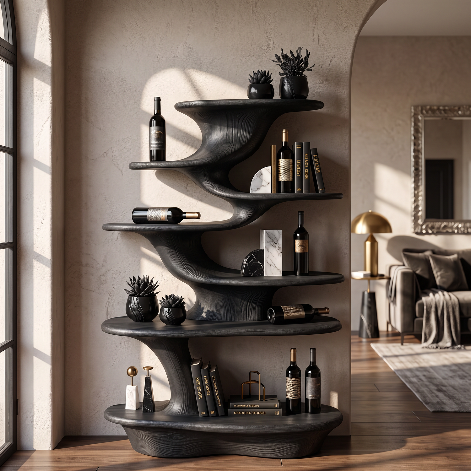 Cascade Form Wood Display Shelf with Sculpted Tiered Platforms