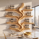 Wine Rack Solid Wood with Sculptural Flowing Form and Display Shelves
