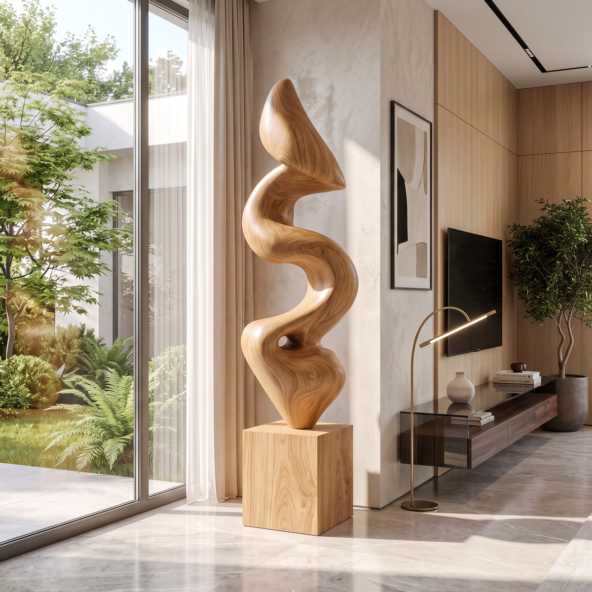 Handcrafted Solid Wood Floor Sculpture with Flowing Vertical Ribbon Form
