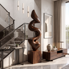 Handcrafted Solid Wood Floor Sculpture with Flowing Vertical Ribbon Form