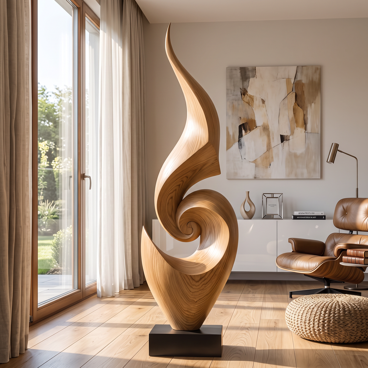 Tall Abstract Solid Wood Floor Sculpture for Luxury Living Room Interiors