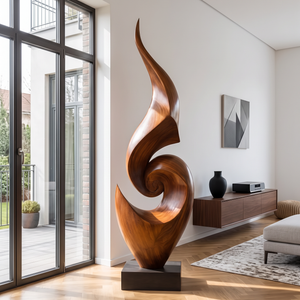 Tall Abstract Solid Wood Floor Sculpture for Luxury Living Room Interiors