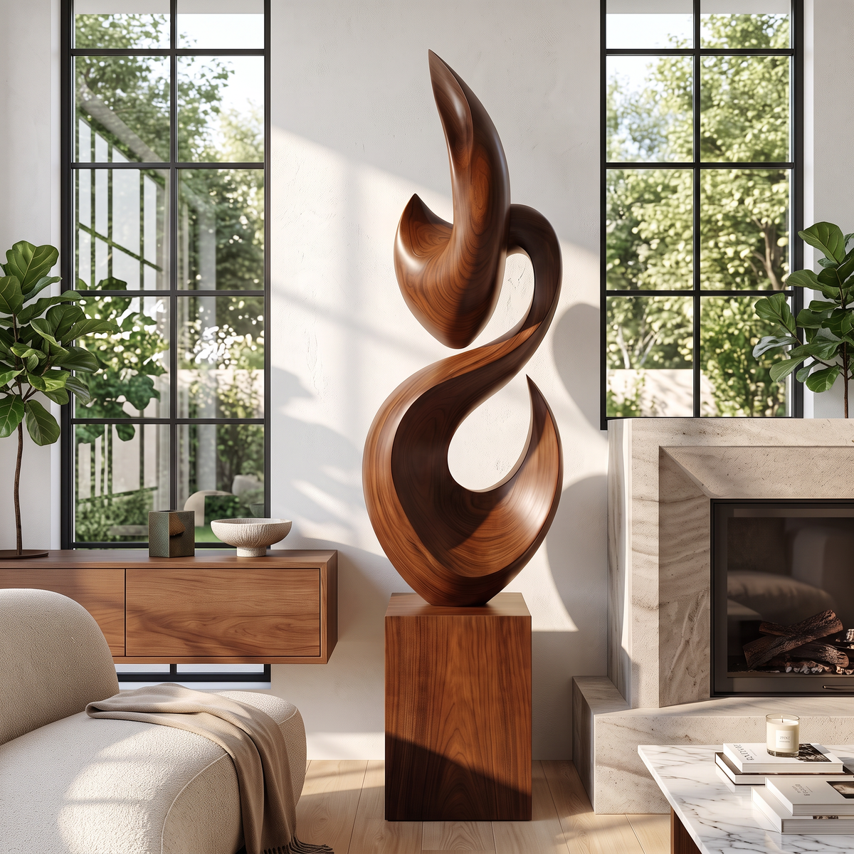 Tall Solid Wood Flame Floor Sculpture with Plinth for Modern Living Rooms