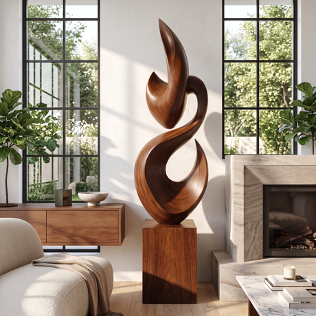 Tall Solid Wood Flame Floor Sculpture with Plinth for Modern Living Rooms