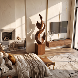 Tall Solid Wood Flame Floor Sculpture with Plinth for Modern Living Rooms