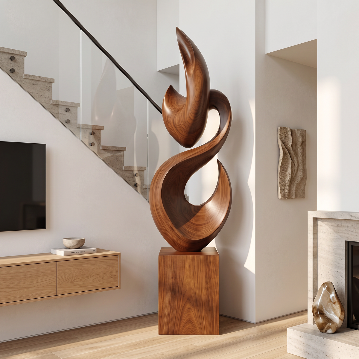 Tall Solid Wood Flame Floor Sculpture with Plinth for Modern Living Rooms