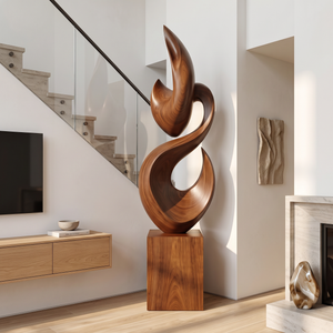 Tall Solid Wood Flame Floor Sculpture with Plinth for Modern Living Rooms