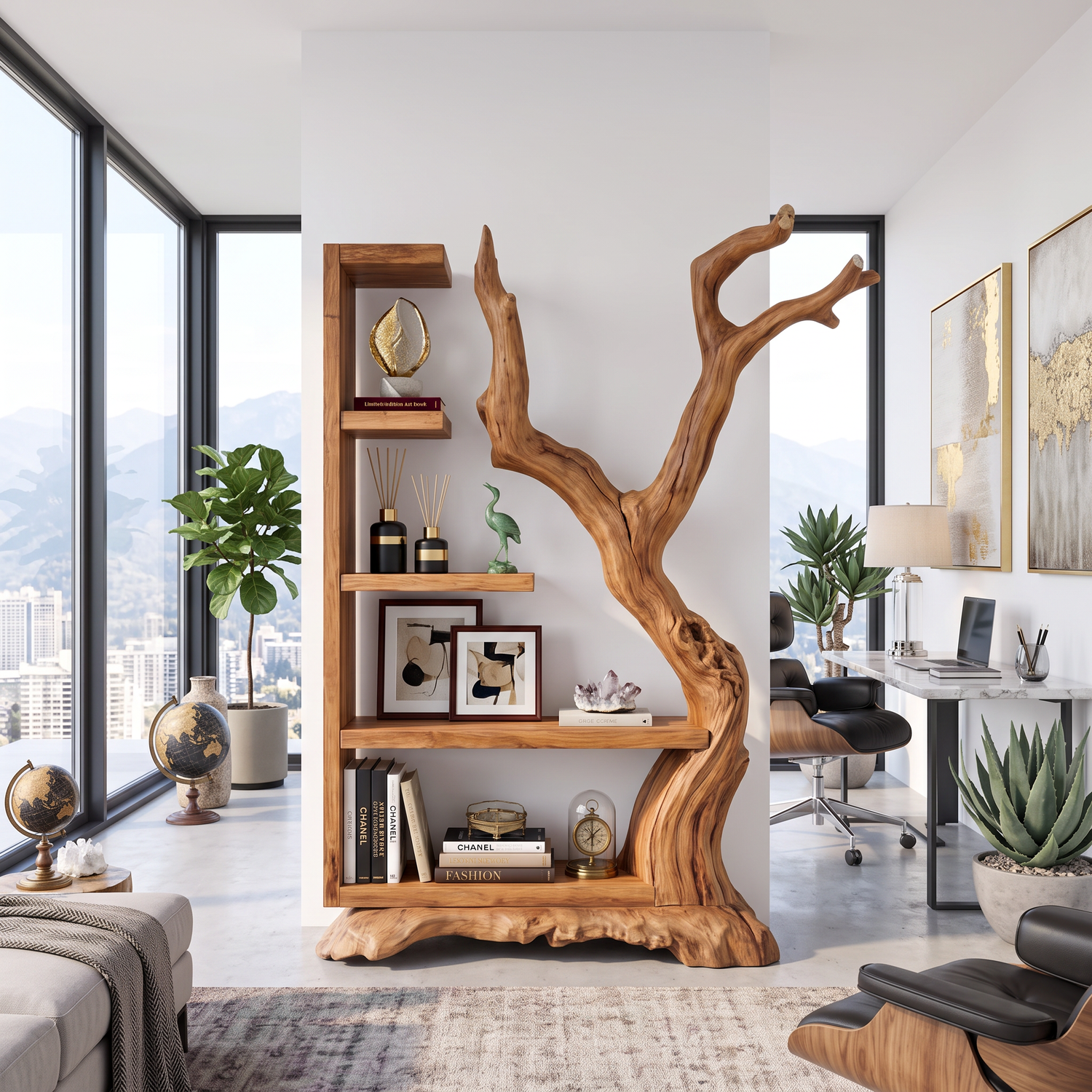 Tall Solid Wood Bookshelf with Sculptural Tree Form Organic Modern Display Shelf