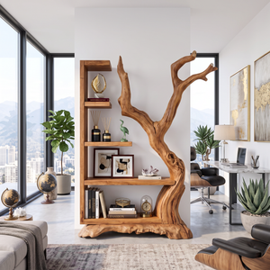 Tall Solid Wood Bookshelf with Sculptural Tree Form Organic Modern Display Shelf