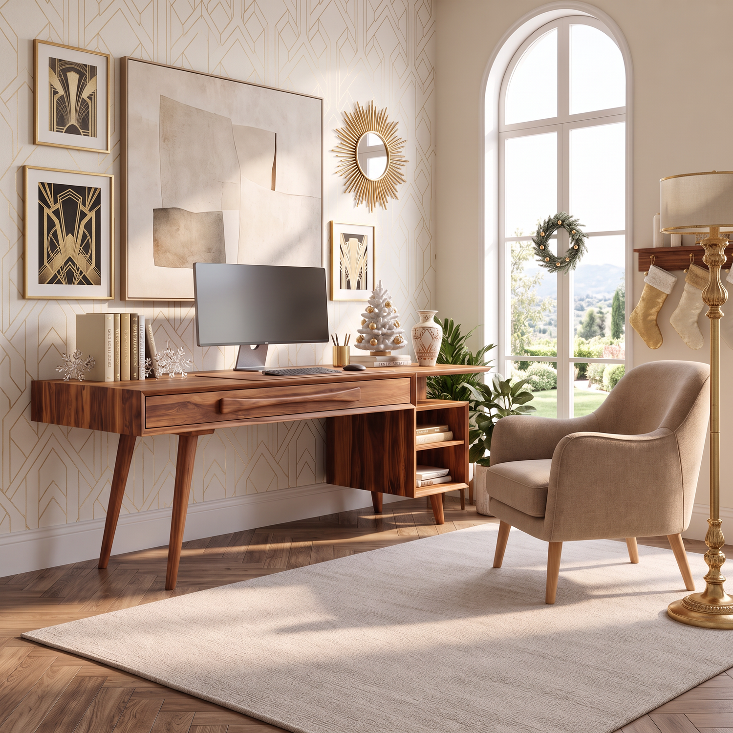 Modern Solid Wood Desk With Drawers And Open Shelf For Home Office