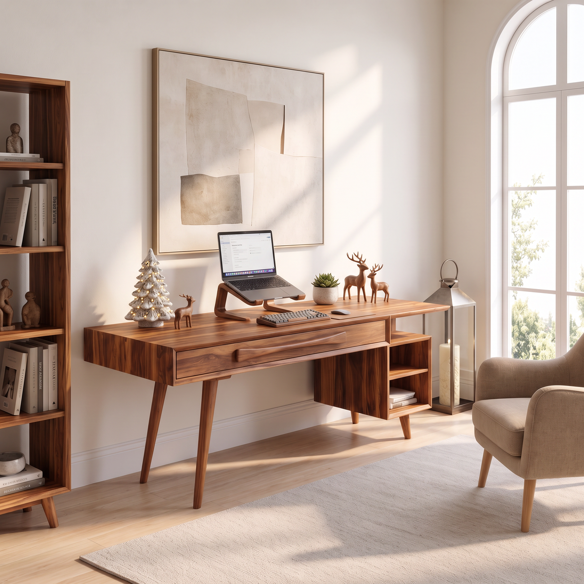 Modern Solid Wood Desk With Drawers And Open Shelf For Home Office