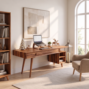 Modern Solid Wood Desk With Drawers And Open Shelf For Home Office