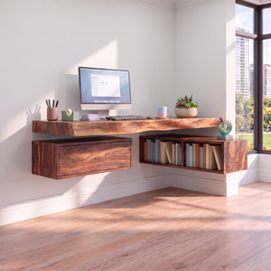 Floating Solid Wood Desk With Drawer And Open Shelf For Home Office