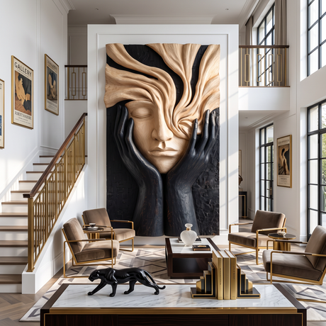 Handcrafted Solid Wood Face Wall Sculpture with Flowing Grain Hair and Black Relief Hands