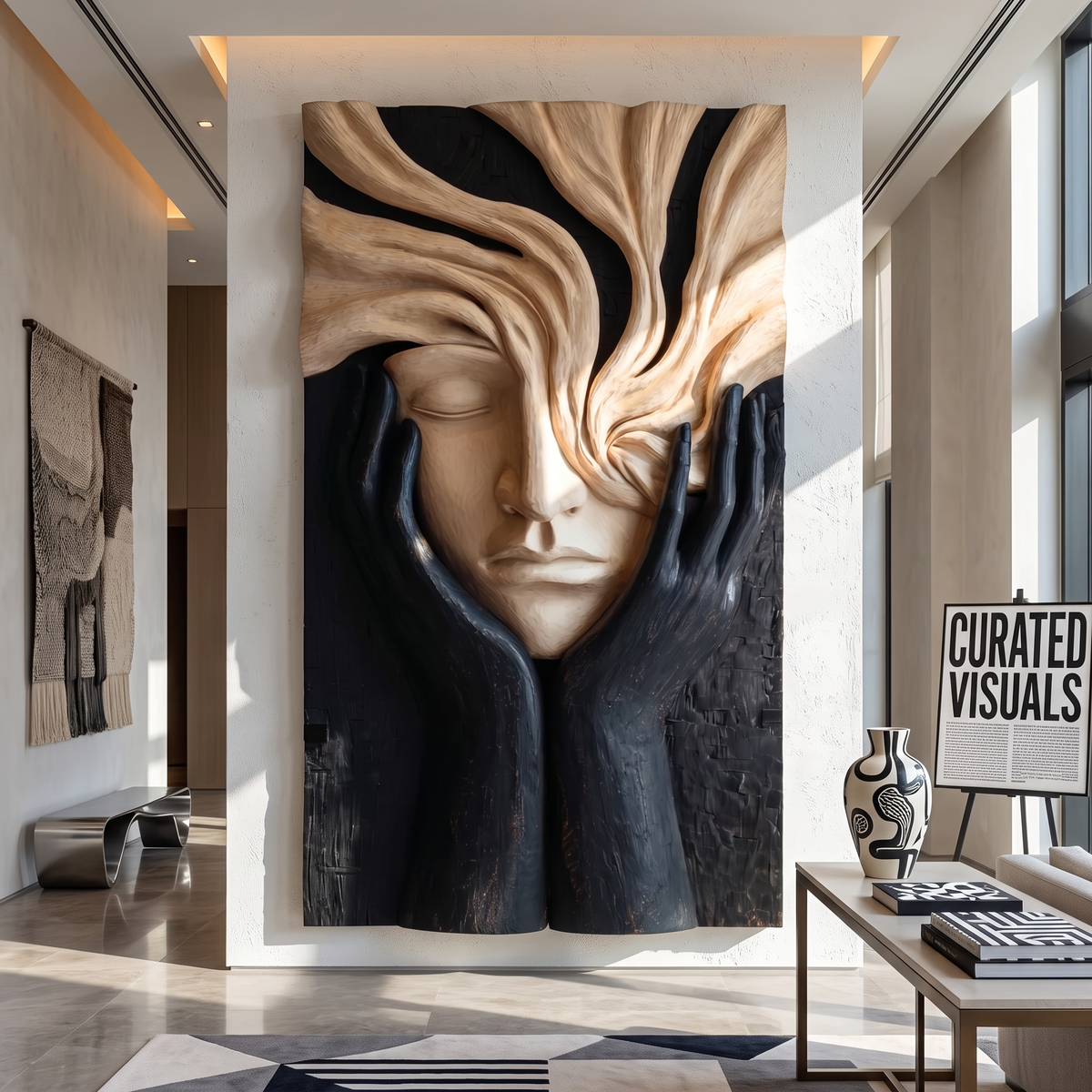 Handcrafted Solid Wood Face Wall Sculpture with Flowing Grain Hair and Black Relief Hands