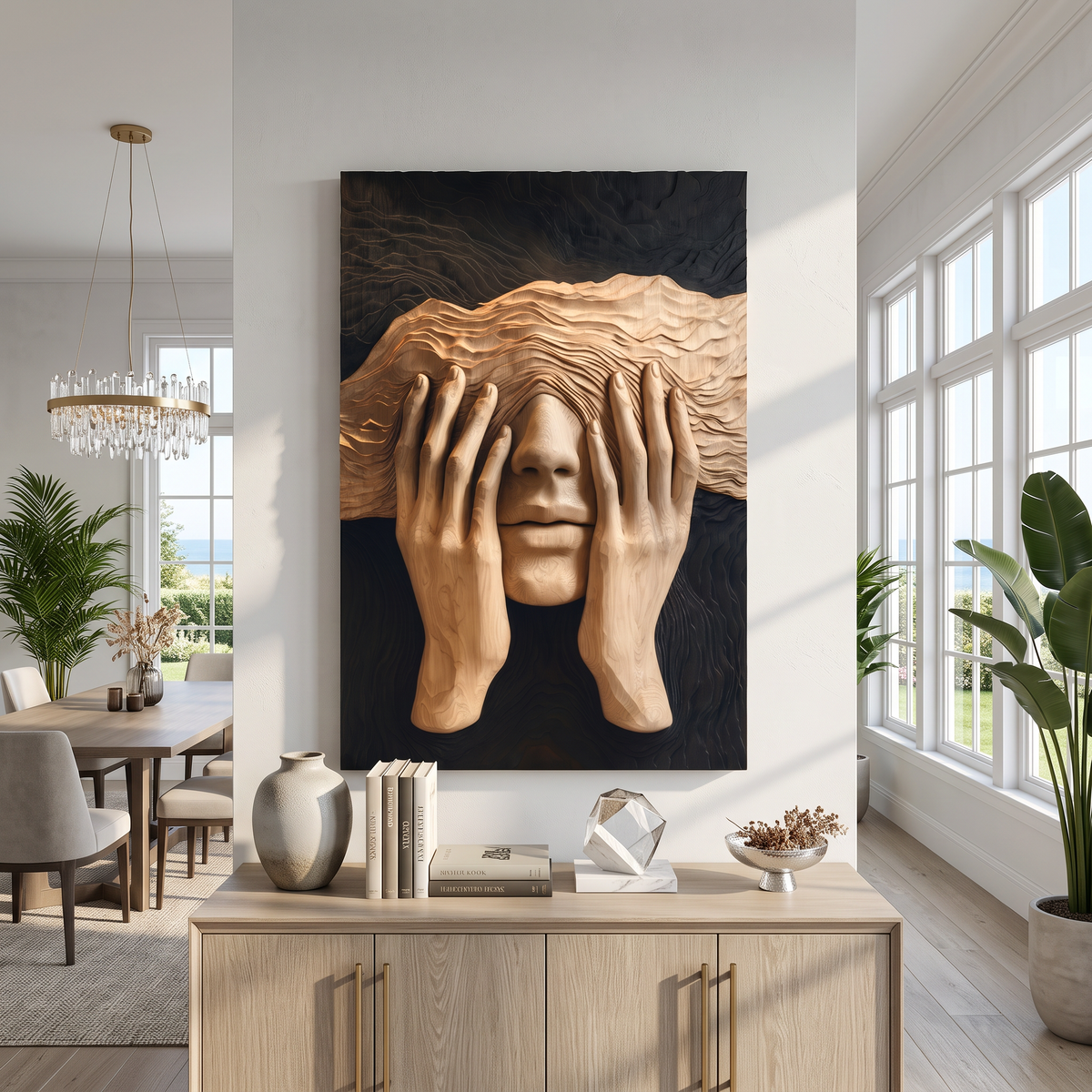 Handcrafted Solid Wood Face Wall Sculpture with Layered Wave Blindfold and Sculpted Hands