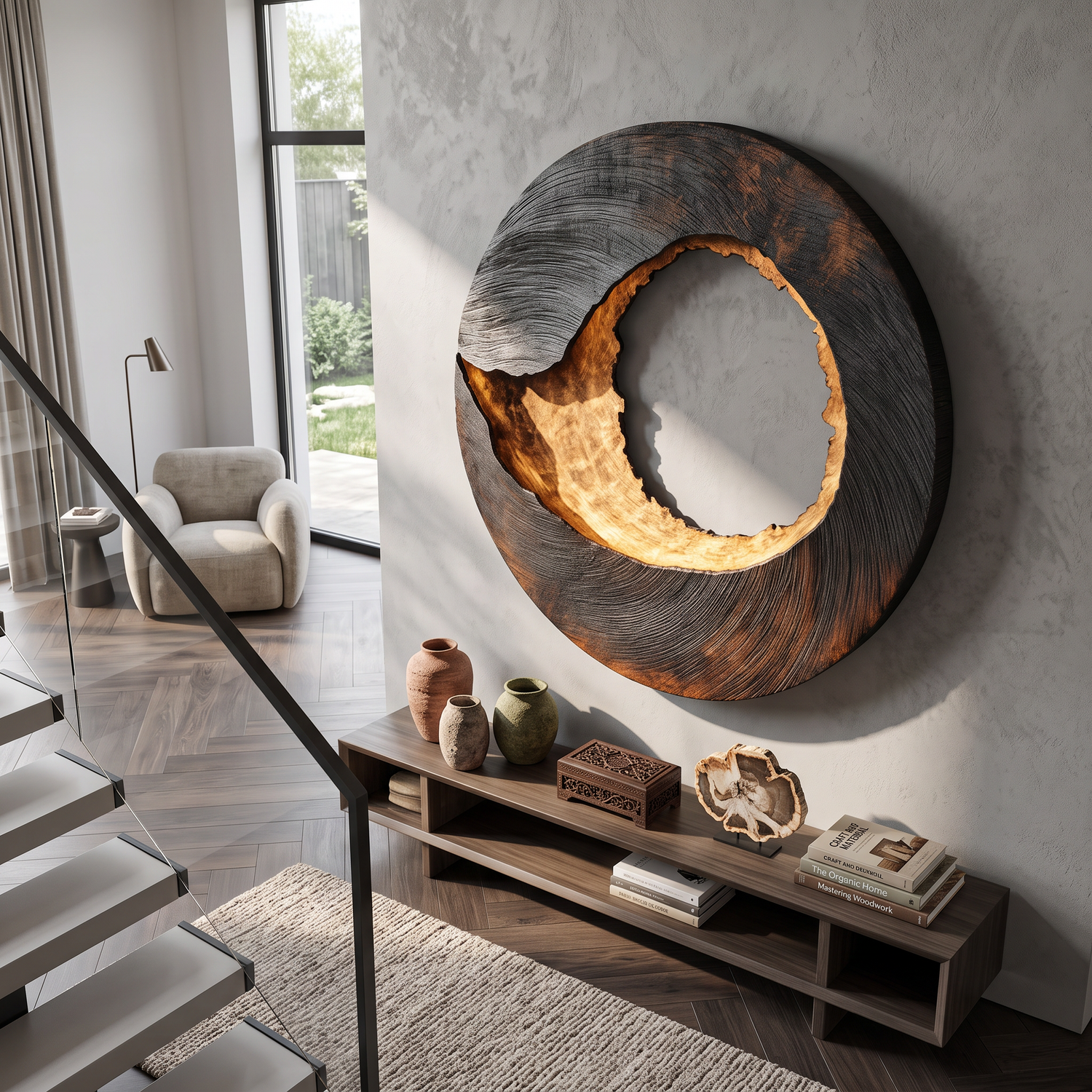 Large Solid Wood Textured Circle Wall Sculpture for Modern Living Rooms