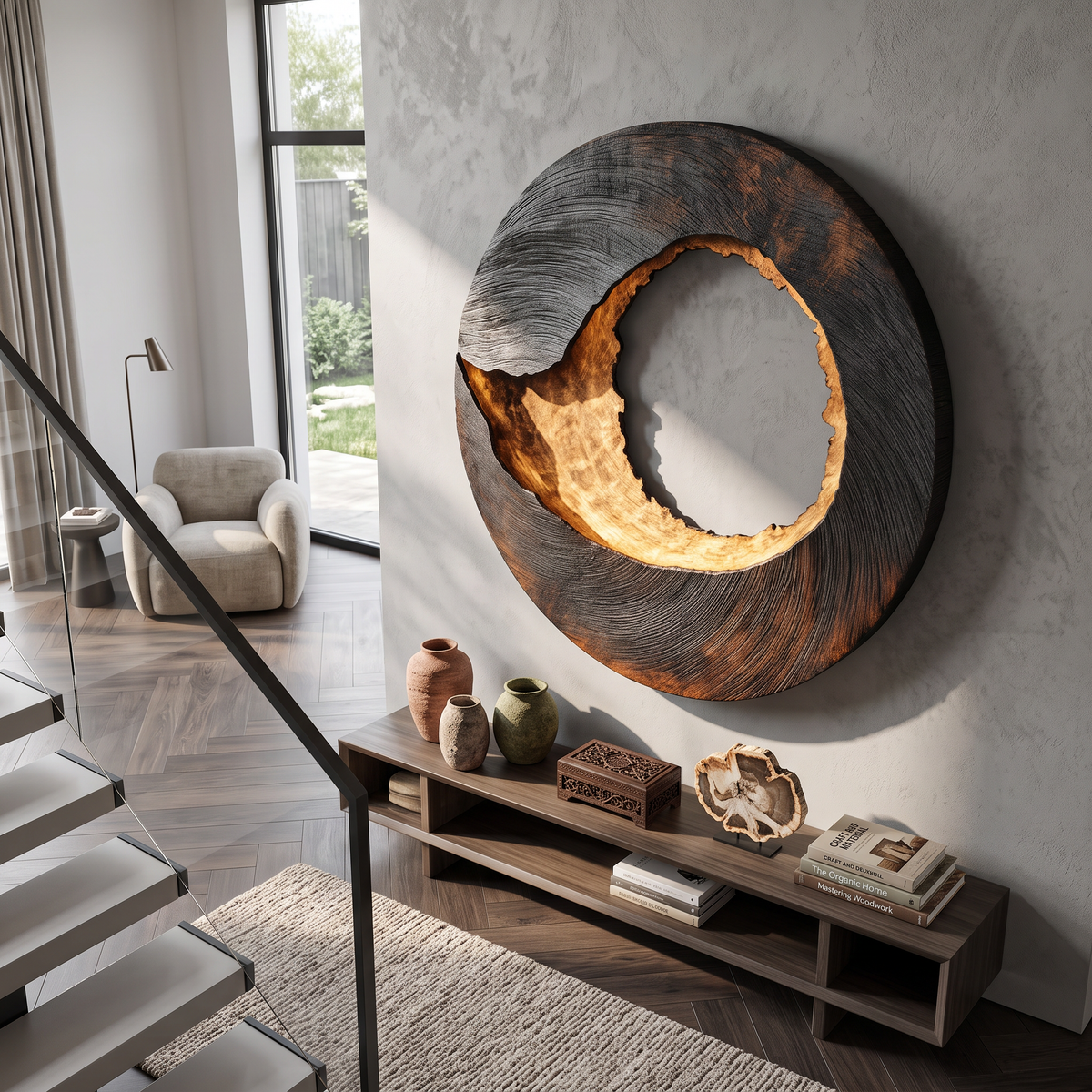 Large Solid Wood Textured Circle Wall Sculpture for Modern Living Rooms