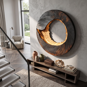 Large Solid Wood Textured Circle Wall Sculpture for Modern Living Rooms