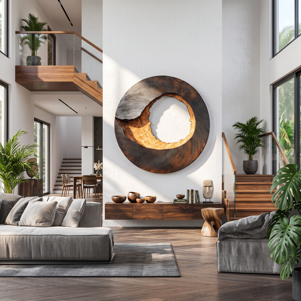 Large Solid Wood Textured Circle Wall Sculpture for Modern Living Rooms