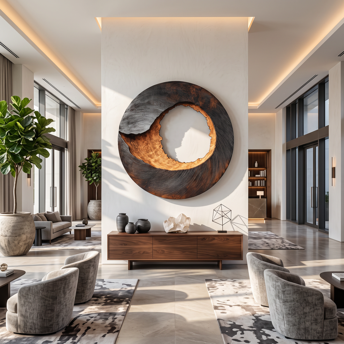 Large Solid Wood Textured Circle Wall Sculpture for Modern Living Rooms