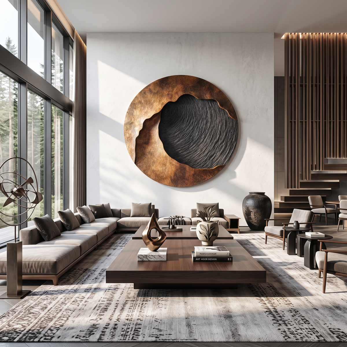 Handcrafted Solid Wood Wall Sculpture with Abstract Circular Relief Form