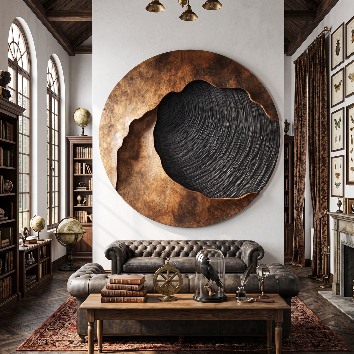 Handcrafted Solid Wood Wall Sculpture with Abstract Circular Relief Form
