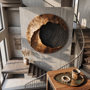 Handcrafted Solid Wood Wall Sculpture with Abstract Circular Relief Form